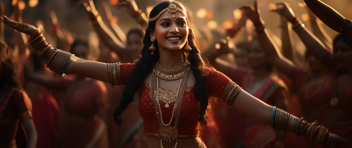 A woman wearing a traditional Indian costume performing a dance A woman wearing a traditional Indian costume performing a dance
