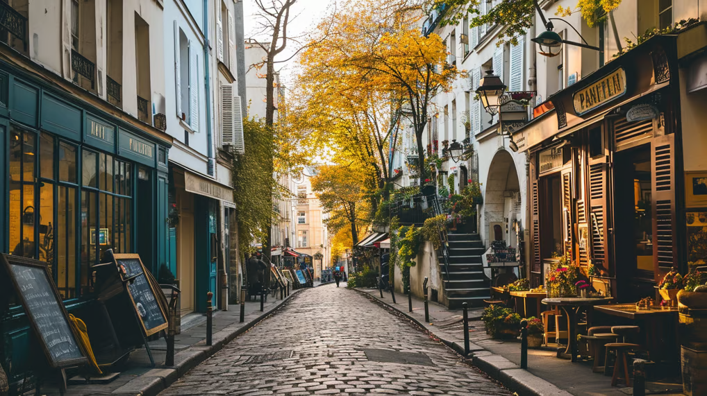 a narrow cobblestone street in montmartre paris a narrow cobblestone street in montmartre paris