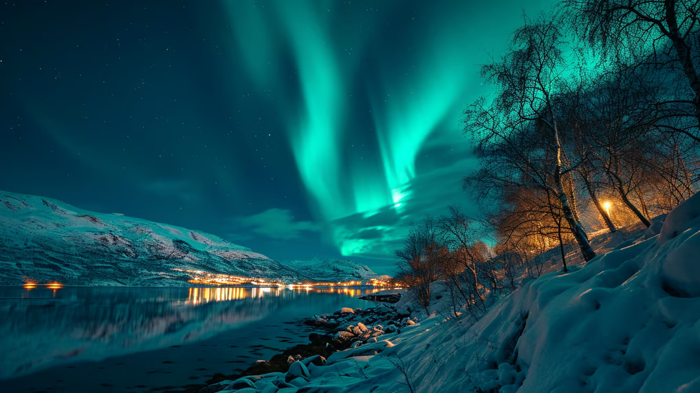vibrant colors dancing across the night sky above a snowy, serene landscape in norway vibrant colors dancing across the night sky above a snowy, serene landscape in norway