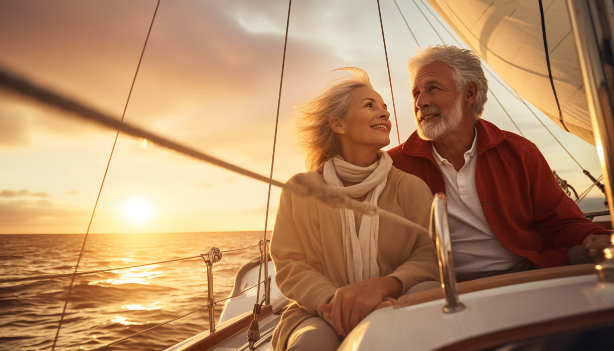 A retired couple riding a yacht at golden hour A retired couple riding a yacht at golden hour