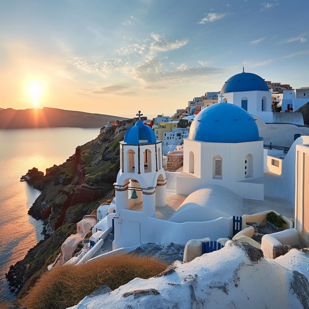 A beautiful sunset over a sea view of a church in santorini A beautiful sunset over a sea view of a church in santorini