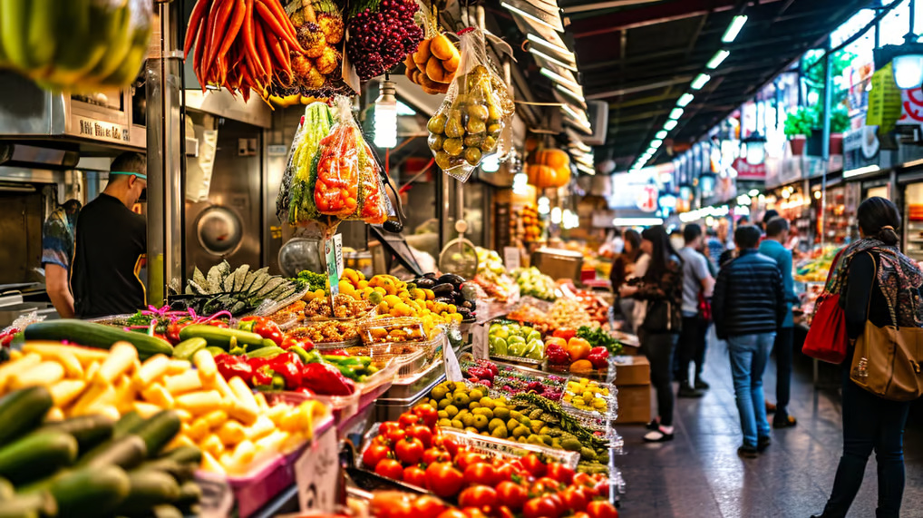 A bunch of people walking through a market selling vegetables A bunch of people walking through a market selling vegetables