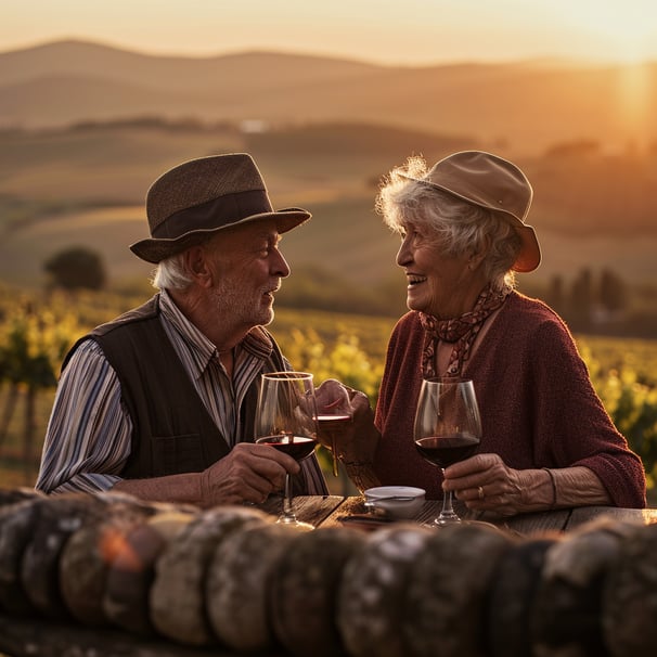An elderly couple relishing wine in a beautiful vineyard, immersed in the rich flavors of Tuscan cuisine and history. An elderly couple relishing wine in a beautiful vineyard, immersed in the rich flavors of Tuscan cuisine and history.