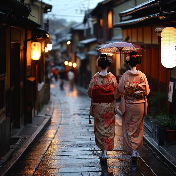 two women in kimono in geisha district in kyoto two women in kimono in geisha district in kyoto