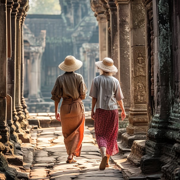 Two women stroll through the historic Angkor Wat temple, marveling at the ancient architecture and rich cultural heritage. Two women stroll through the historic Angkor Wat temple, marveling at the ancient architecture and rich cultural heritage.