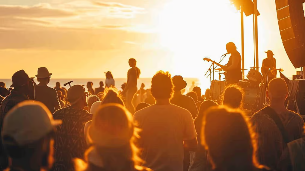 a crowd of people standing around a stage a crowd of people standing around a stage