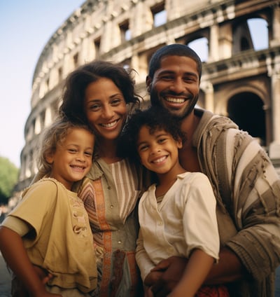 a happy family of four enjoying rome