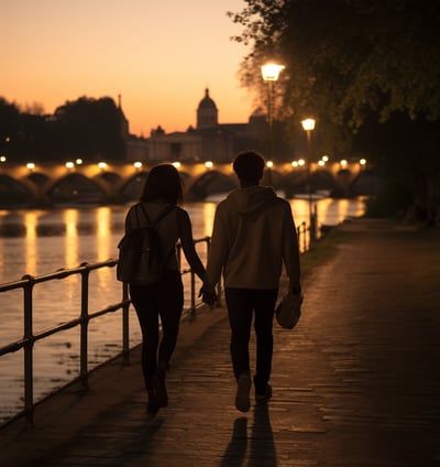 a couple walking at evening in rome tourist spot