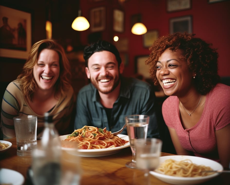 friends enjoying famous dish carbonara at a restaurant