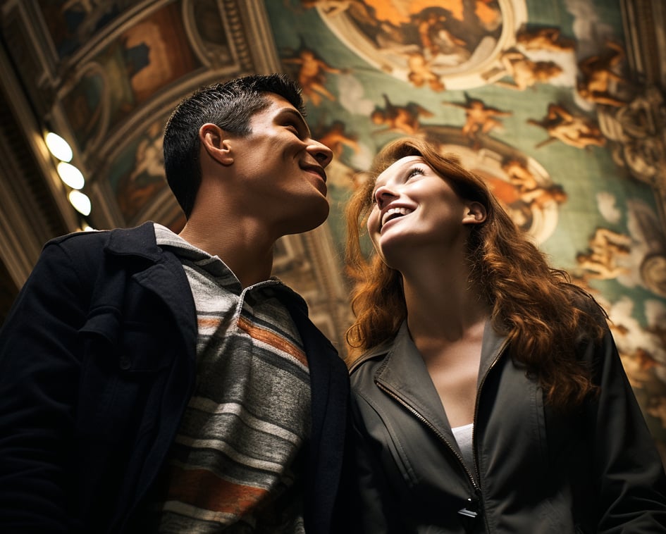 an excited couple visiting museum
