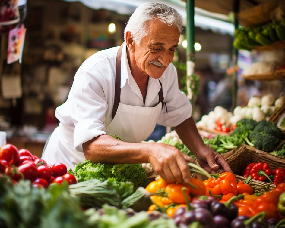 a old man selling vegetables in the market of rome