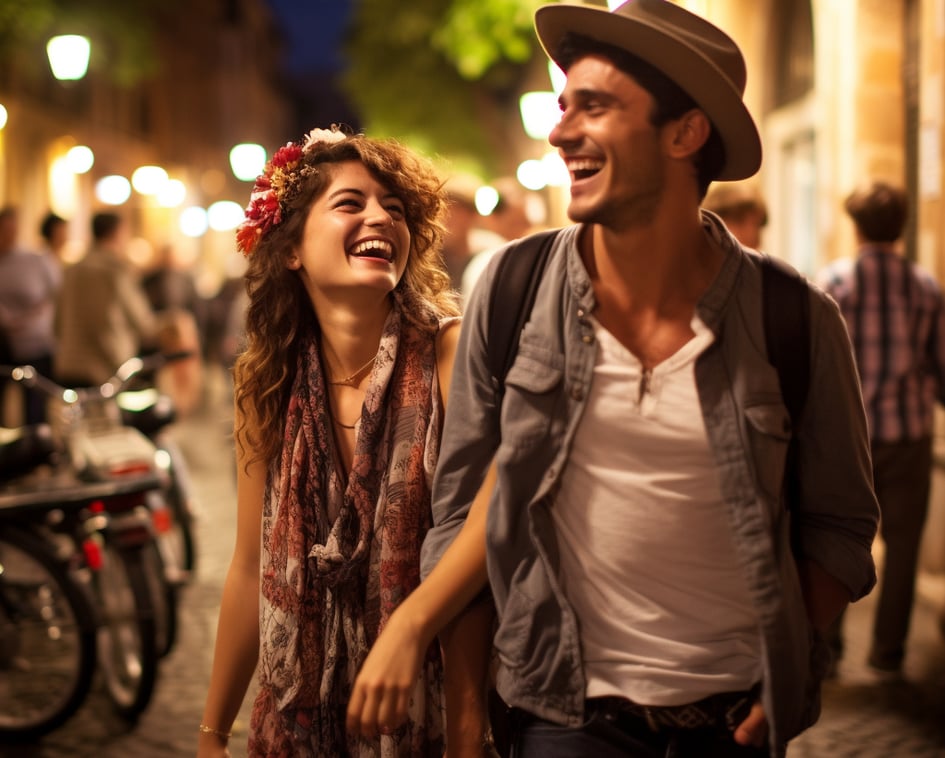 couple laughing happily in the street of rome