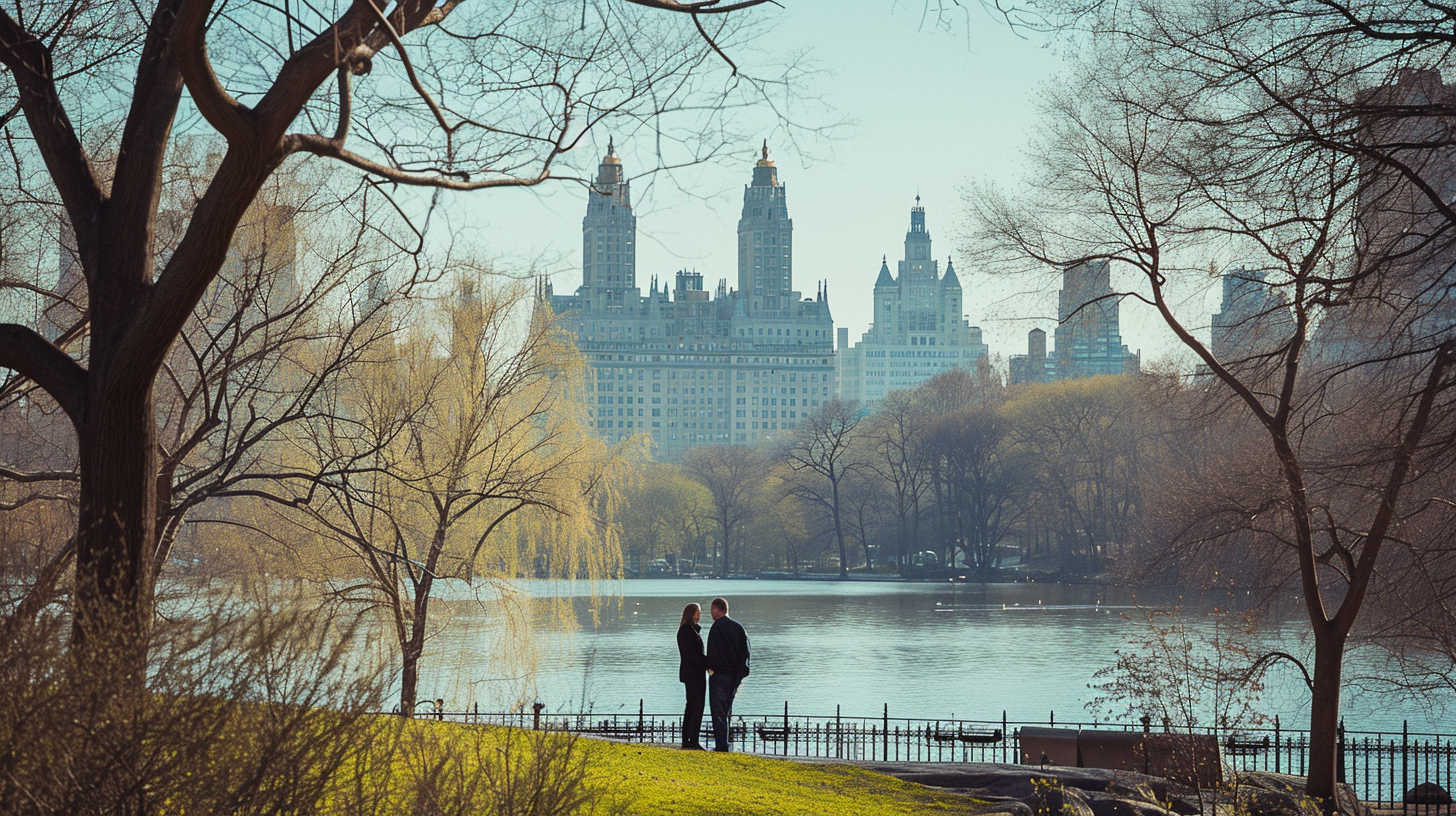 A couple talking in the middle of Central Park in New York.