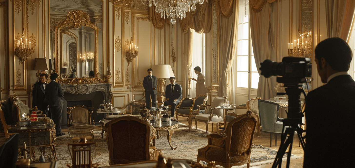 Actors on a film set in a luxury hotel in Paris.