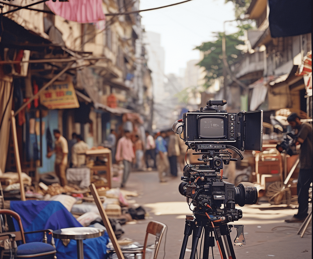 an establishing shot of an outdoor Mumbai movie set on a busy street in India.
