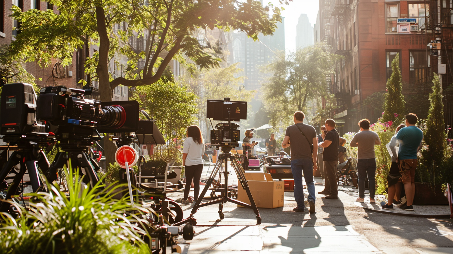 An outdoor film set in Manhattan, New York during daytime..