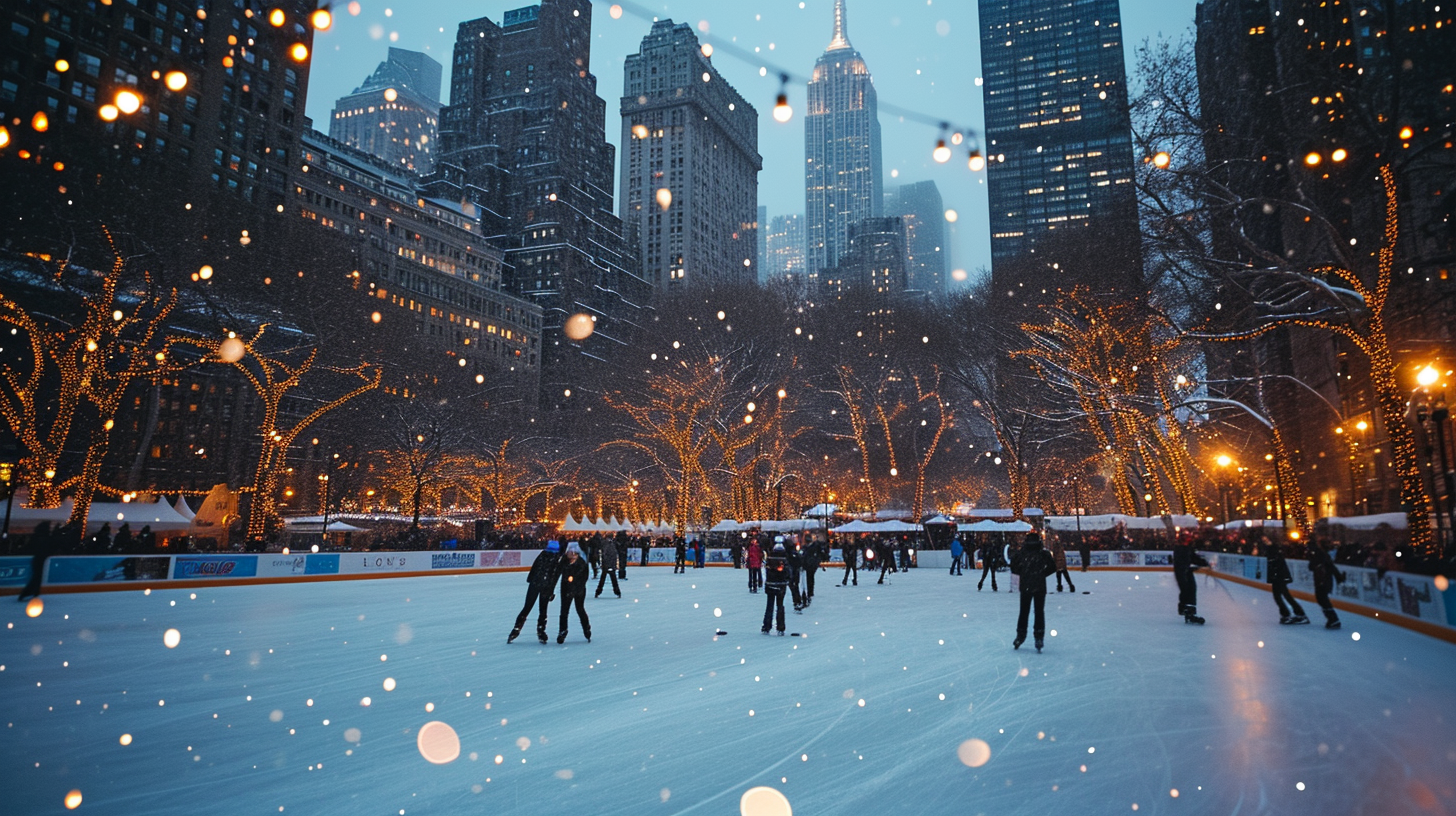 An outdoor skating rink in Manhatan, New York during a snowy evening.