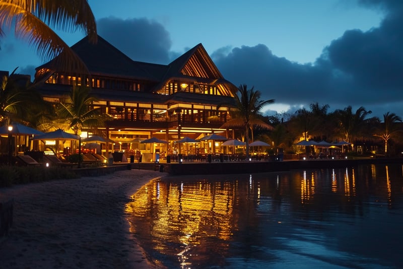 An establishing shot of the Maritim Hotel in East Africa, Mauritius at nighttime.