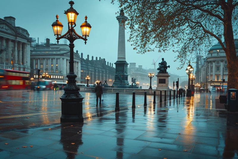 Establishing shot of Trafalgar Square in London during a rainy afternoon. 