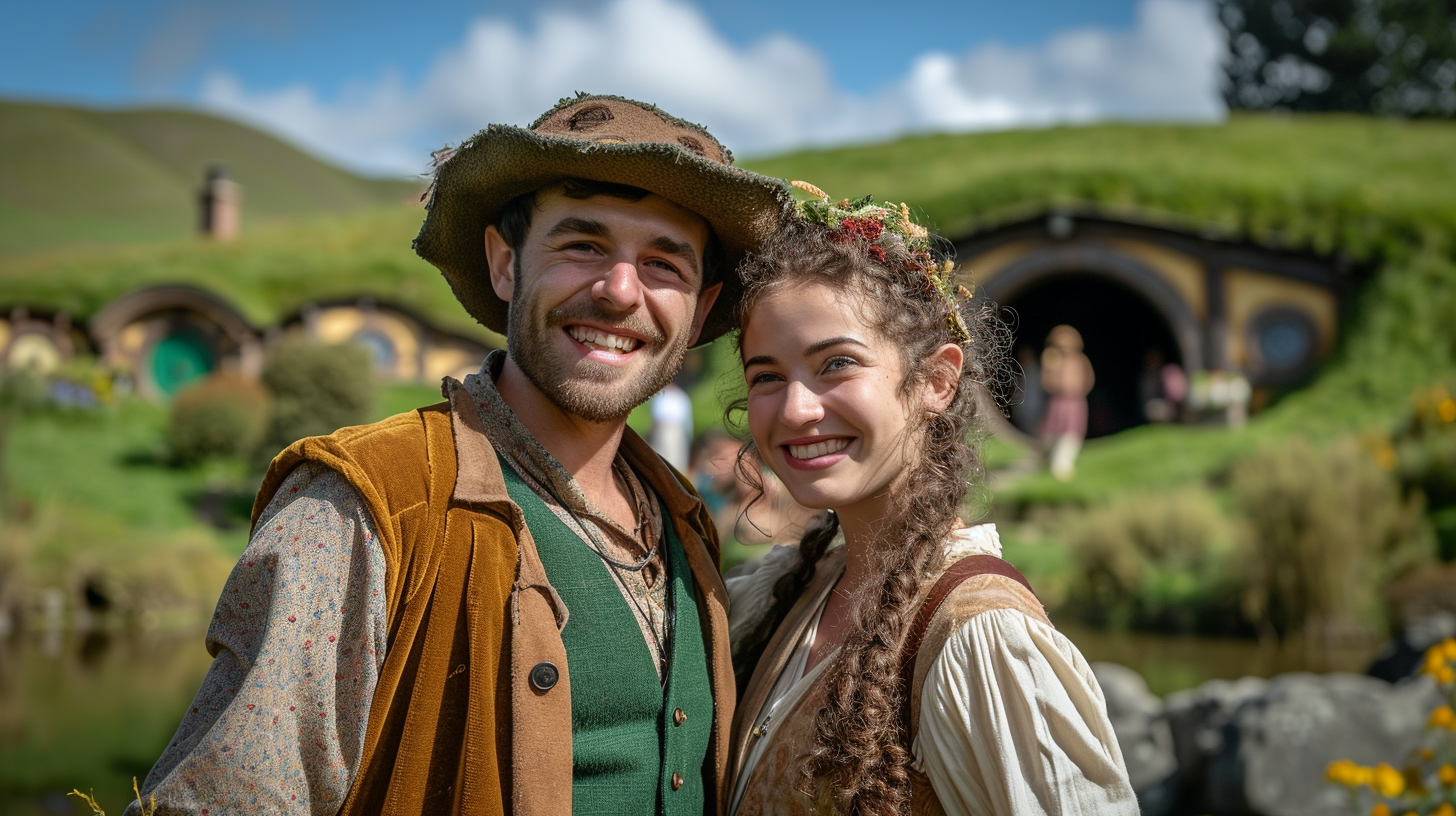 Hobbit cosplayers posing for the camera at Hobbiton in New Zealand.