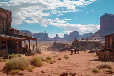 old Western lodges in Monument Valley, USA at high noon with cowboy tourists visiting a film set.