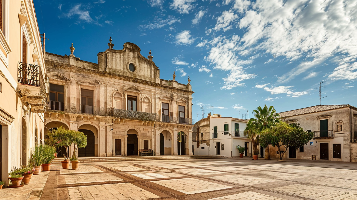 A small town in Sicily, Italy featuring an old theater in the plaza.