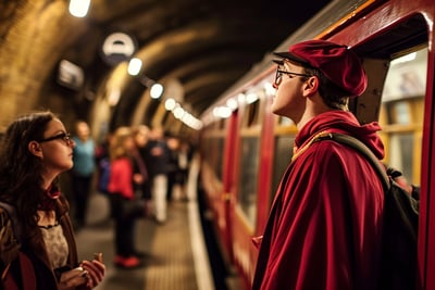 Tourists in harry potter costumes on a train ride in Platform 9¾ London..
