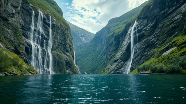 Majestic fjords of Norway, surrounded by towering cliffs and cascading waterfalls. 