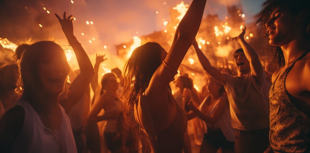 people dancing and celebrating during a nighttime festival