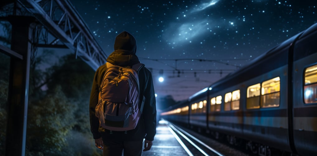 a nocturnal backpacker standing on a train platform