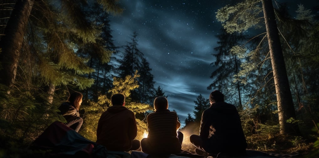 a group of people sitting around a campfire gazing at the starry skies