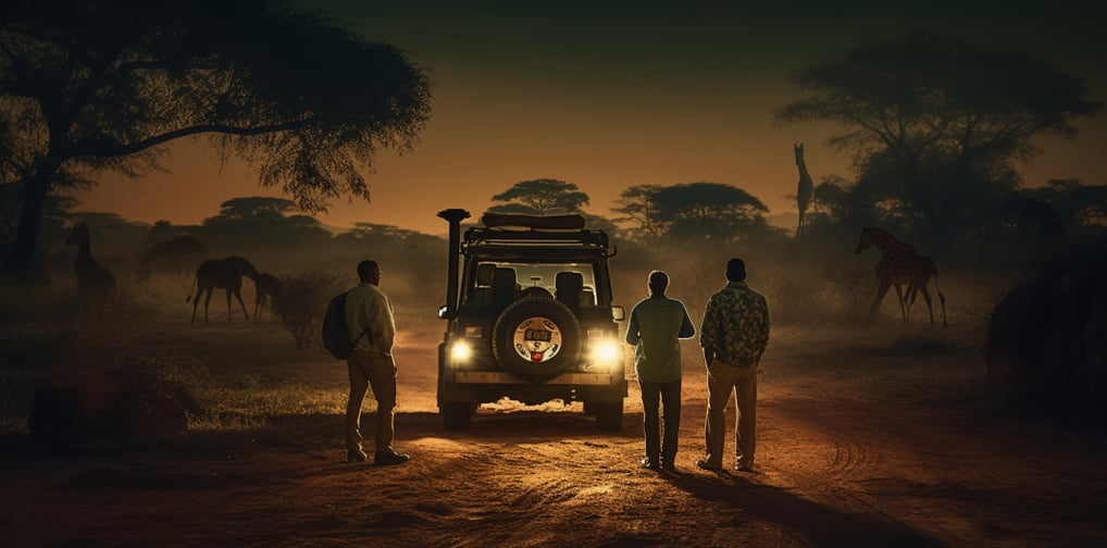 night safari participants encountering giraffes