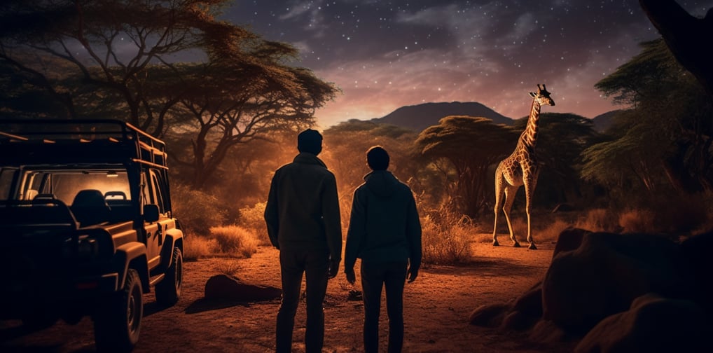 two travelers on a night safari encountering a giraffe