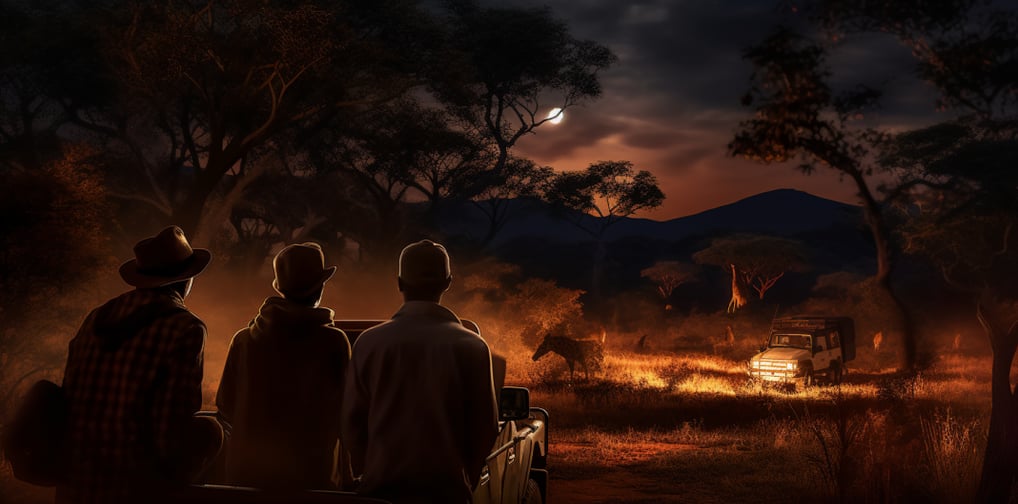 tourists on the bed of a truck, embarking on a night safari
