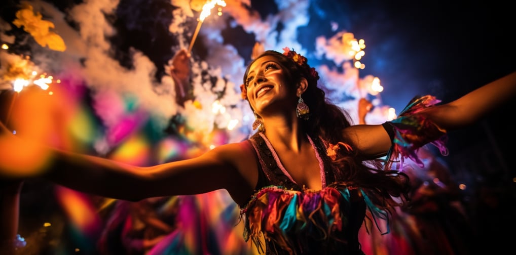 woman in a colorful costume, dancing during a nighttime festival