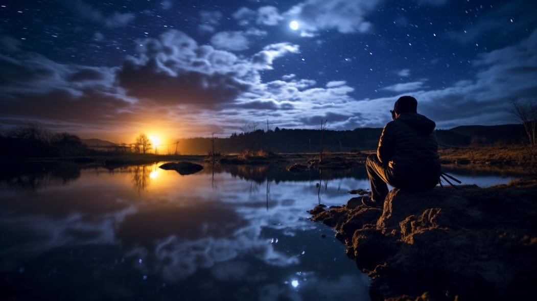 a photographer sitting on a rock taking a picture of the sunrise over a calm lake