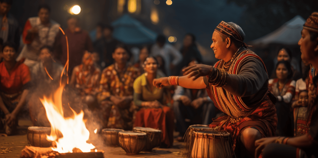 a man in a traditional costume is playing drums near the bonfire