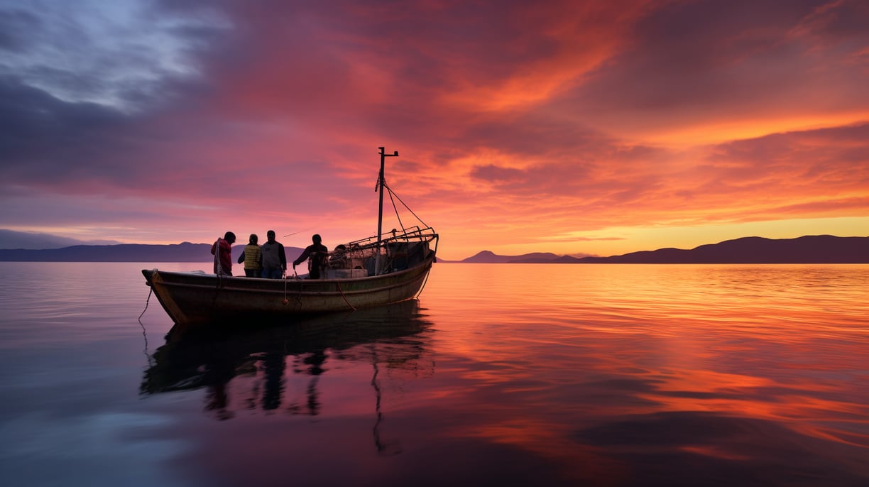A serene boat floats on calm water, illuminated by the warm hues of a sunset in the background.