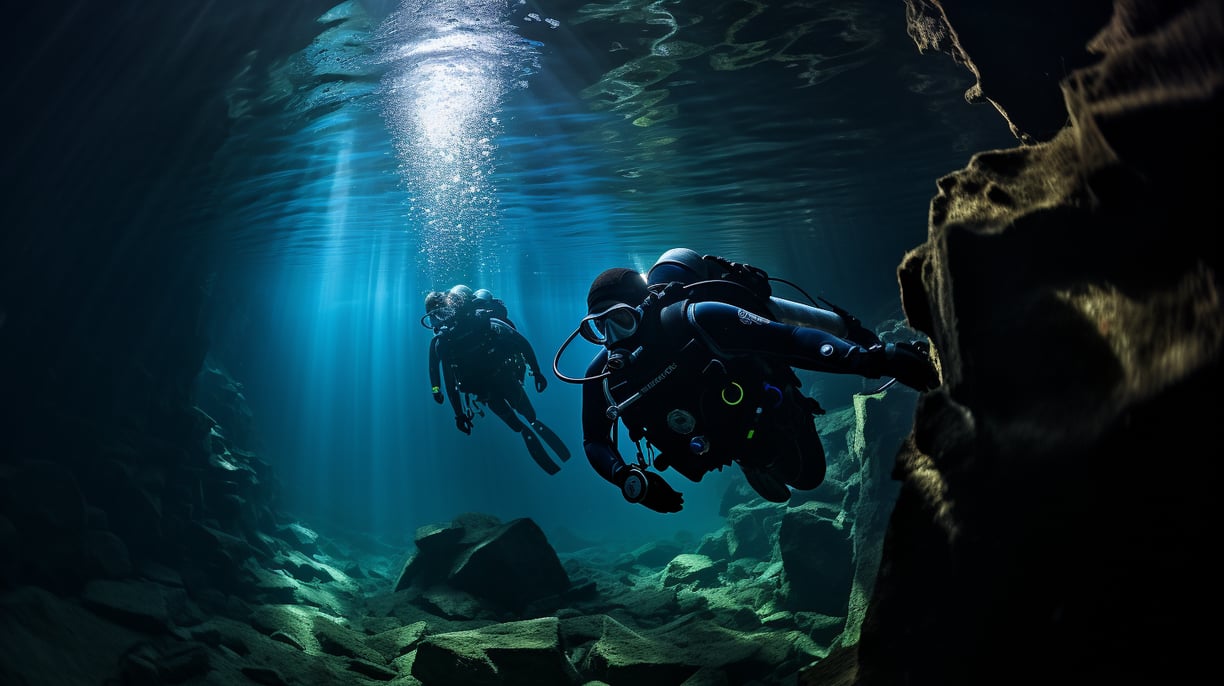 two divers in a cave with a diver in the water