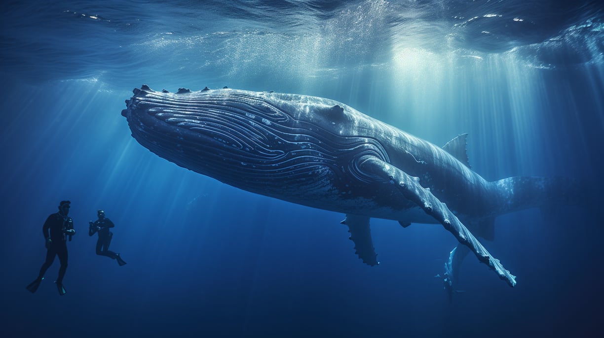 a whale is swimming in the ocean with two man