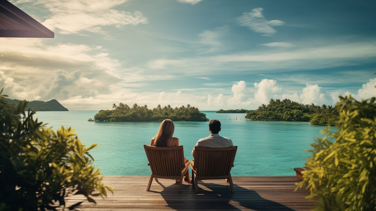 a couple sitting on a deck overlooking the ocean