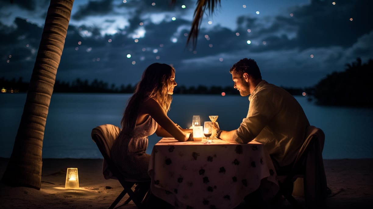 a man and woman sitting at a table with candles