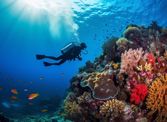 A scuba diver glides above a vibrant coral reef, surrounded by clear blue ocean waters teeming with marine life.