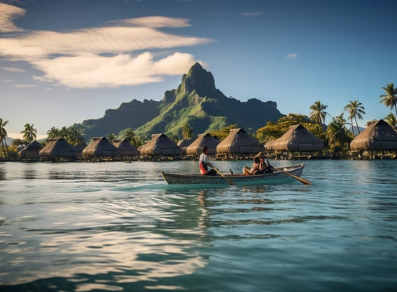 Two individuals paddle a canoe on calm waters, surrounded by majestic mountains in the background.