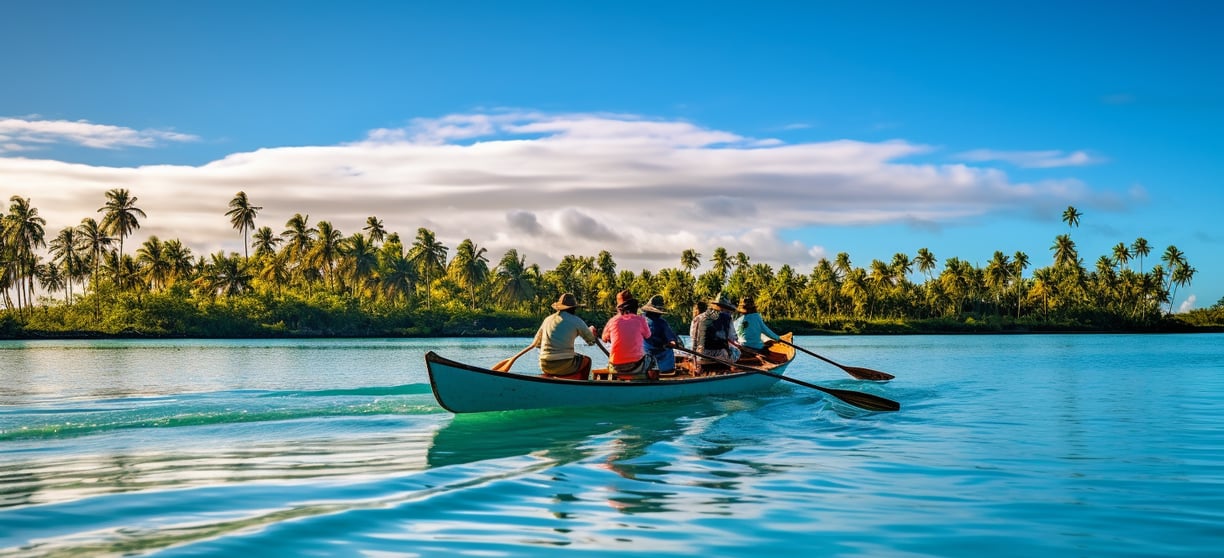 a group of people in a canoe on a lake