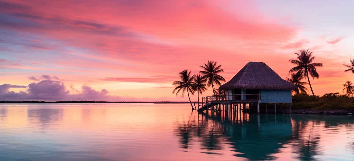 a hut with a thatched roof and palm trees