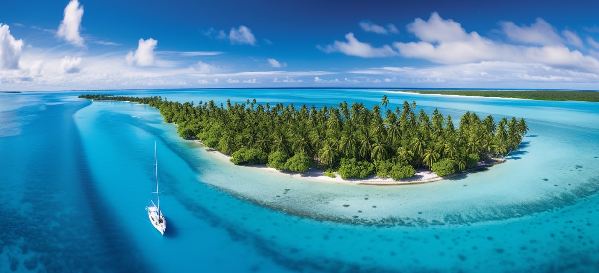 a boat sailing in the ocean near a small island