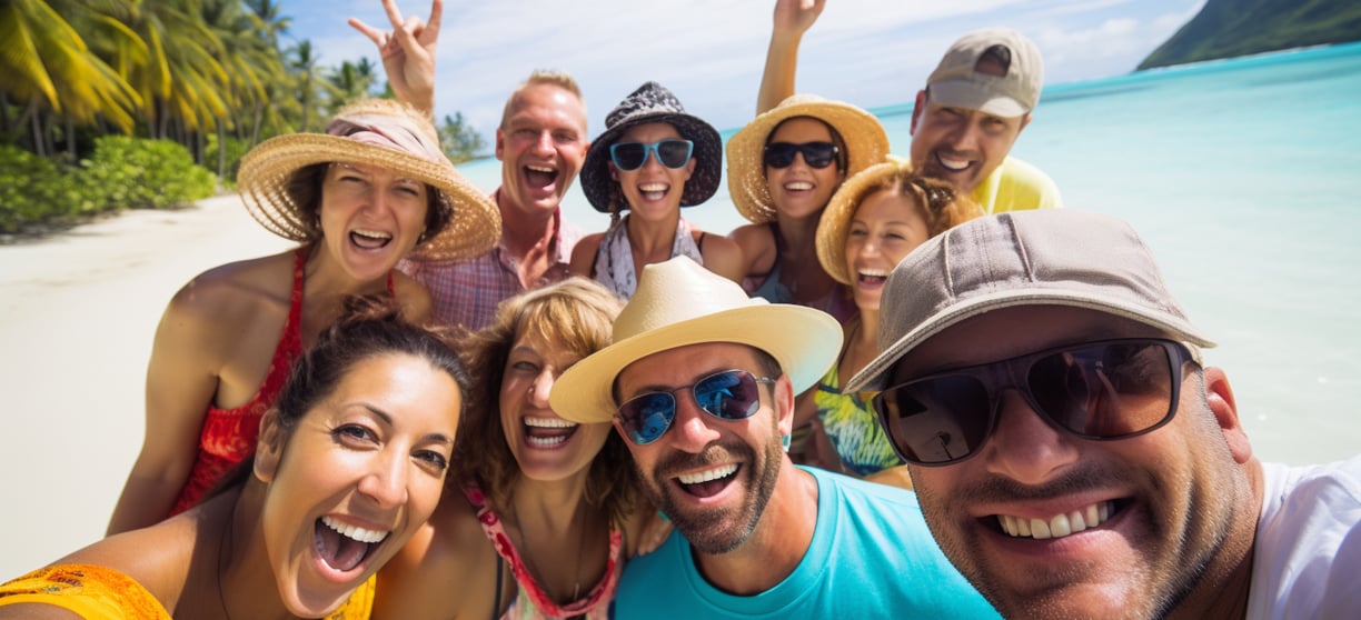 a group of people taking selfie at beach