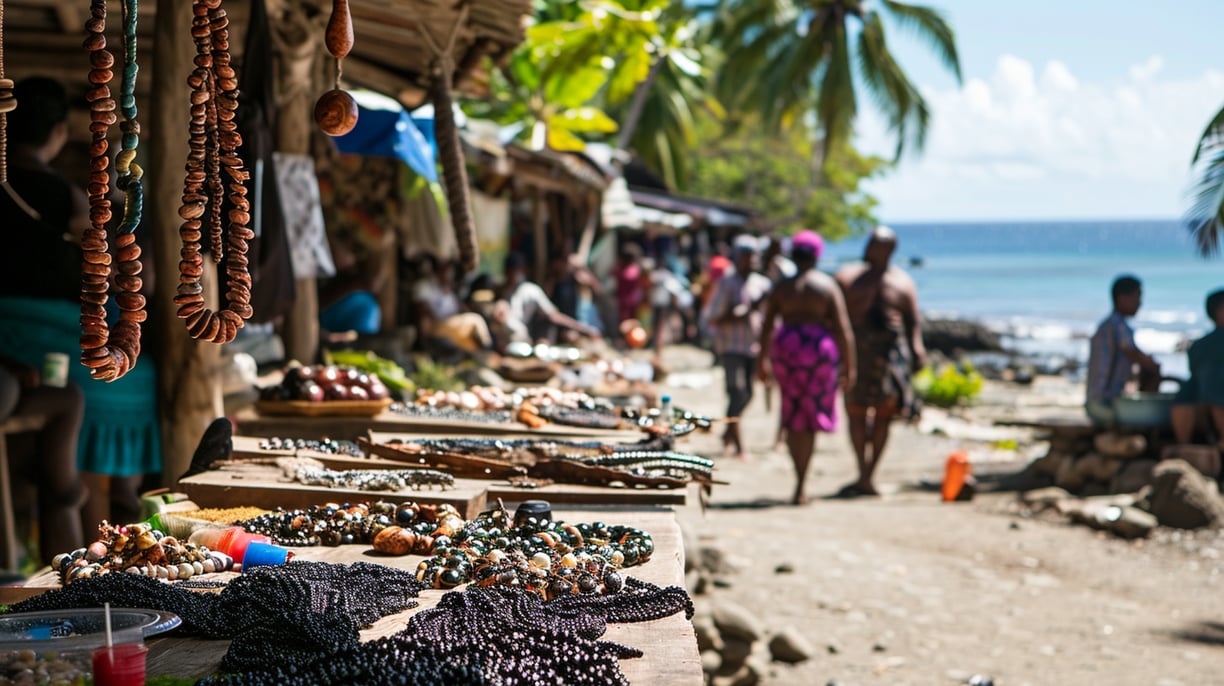a bunch of jewelry on display at a beach