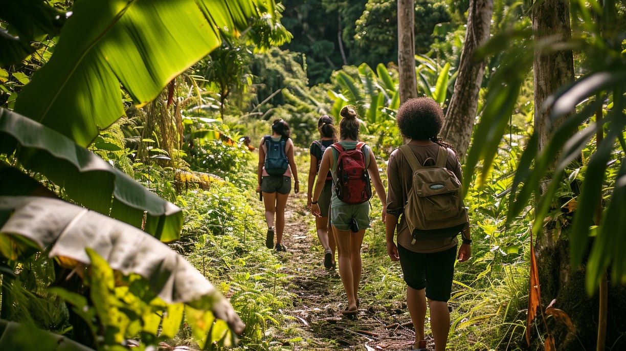 a group of people walking through a jungle in atiu, cook islands